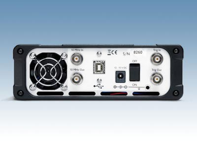 PicoVNA-106 Rückseite mit den Anschlüssen für USB, Trigger und Referenz